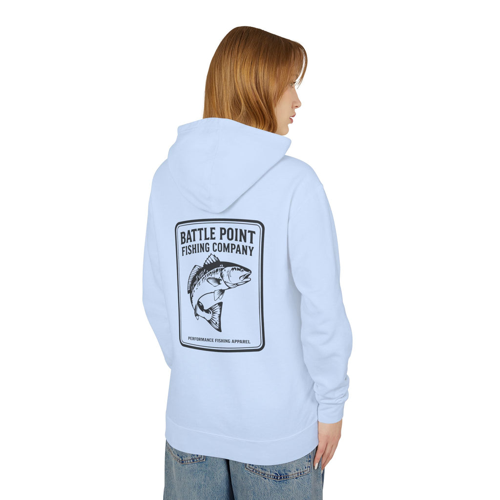 Person wearing a light blue hoodie with 'Battle Point Fishing Company' logo on the back, standing against a white background.