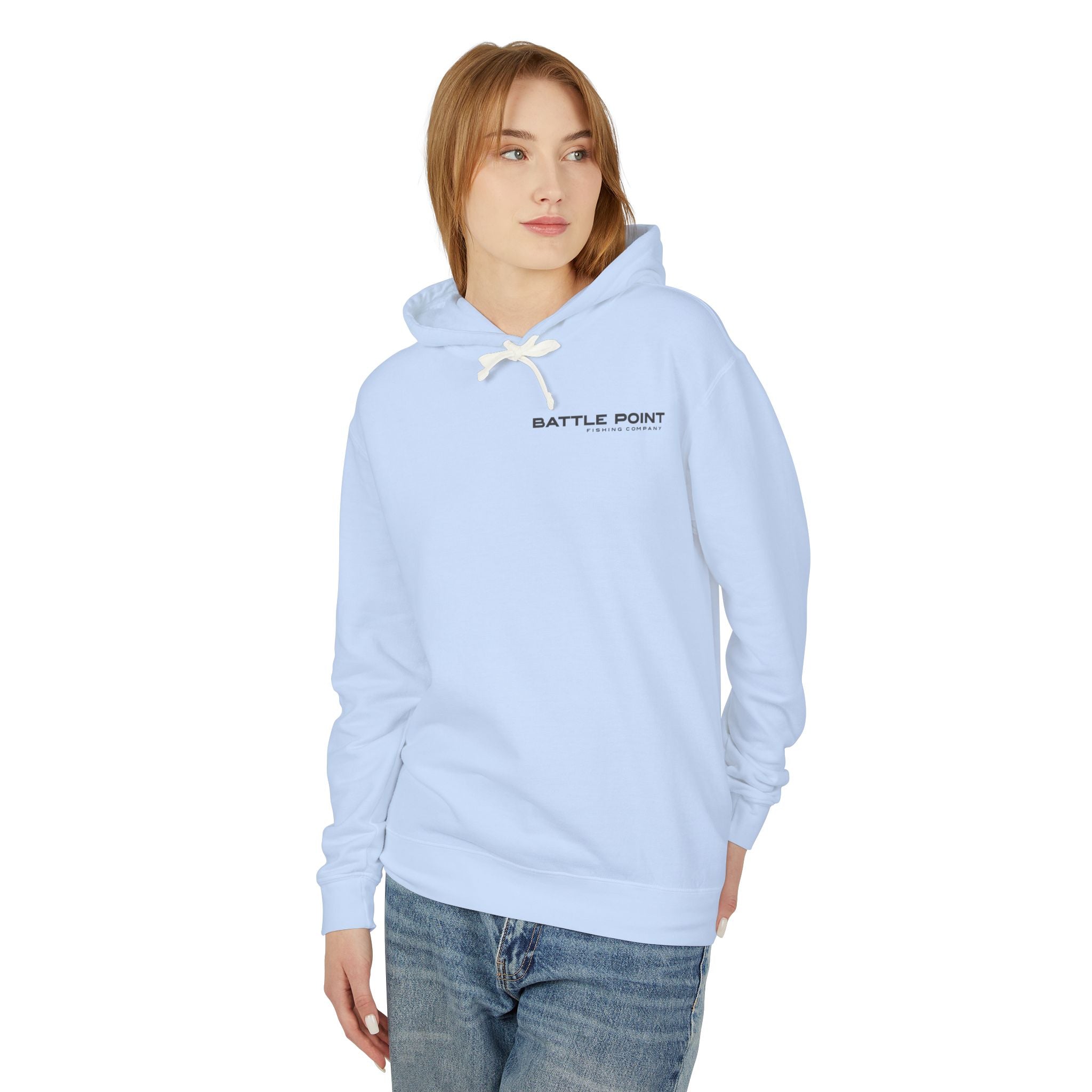 Woman wearing a light blue fishing hoodie on a white background