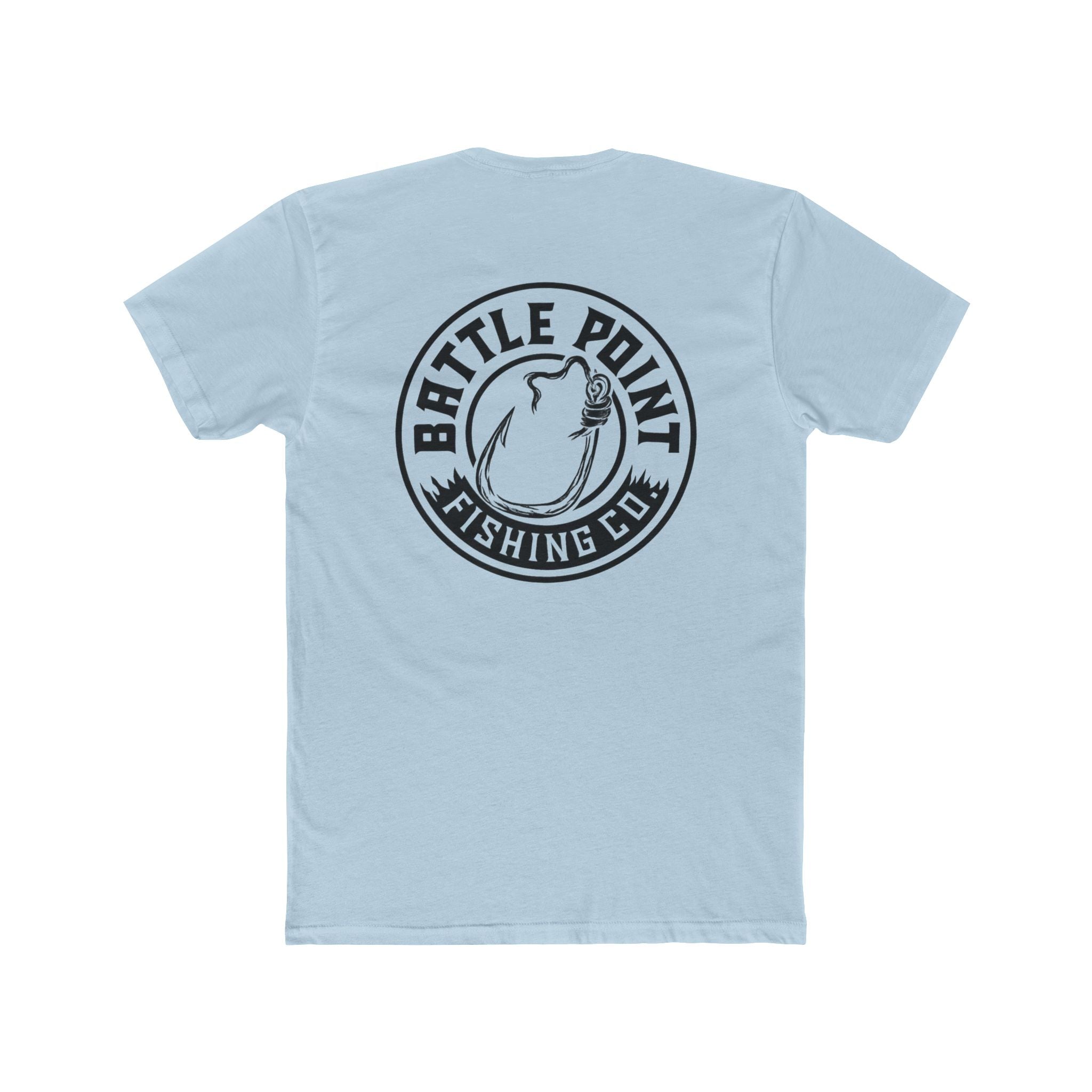 The Hook Set fishing t-shirt back and front  graphic design showing fishing hook and battle point fishing company