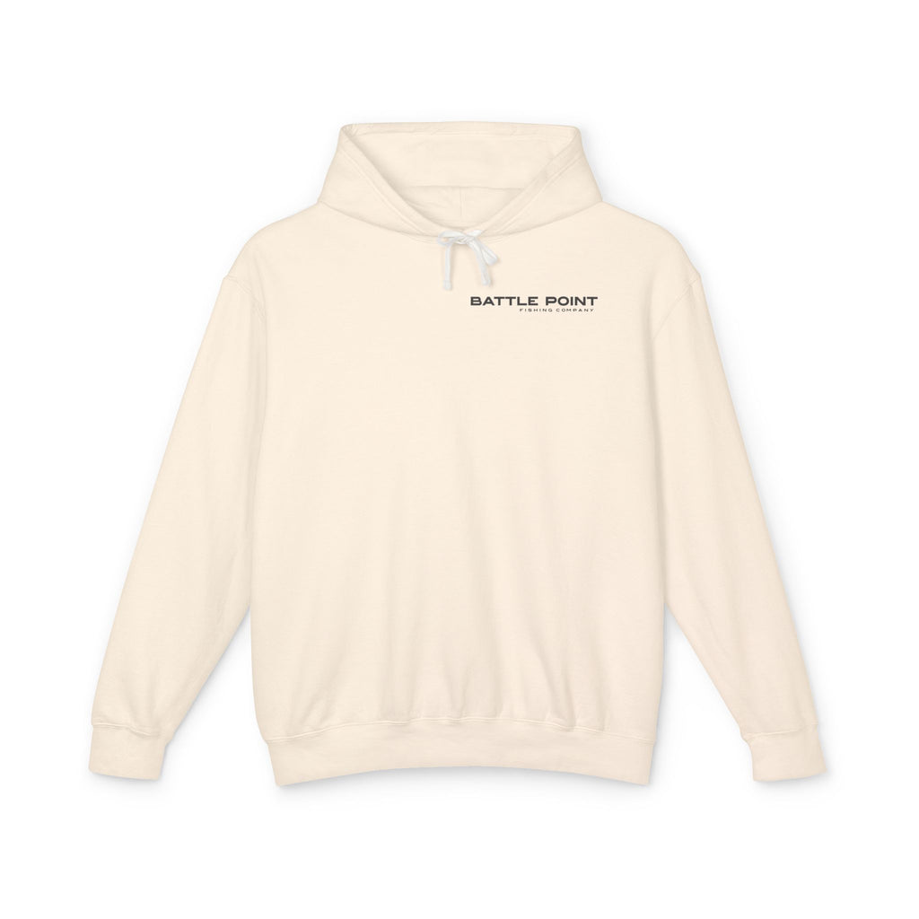 Beige hoodie with 'Battle Point' logo on a white background