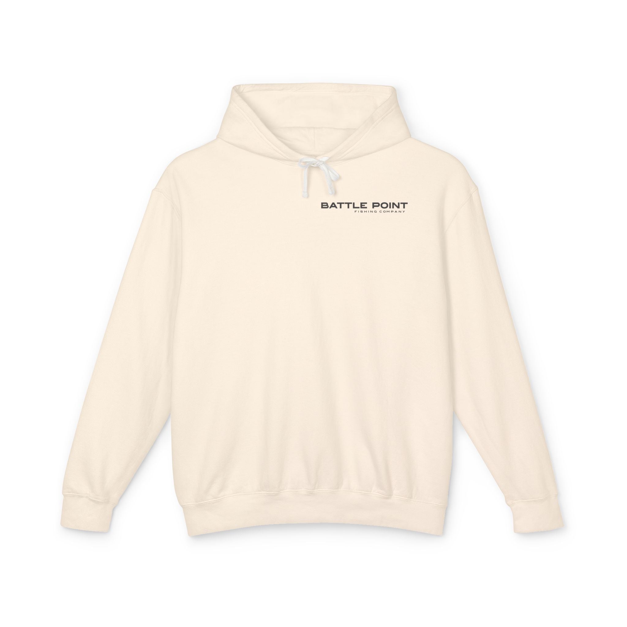 Beige hoodie with 'Battle Point' logo on a white background
