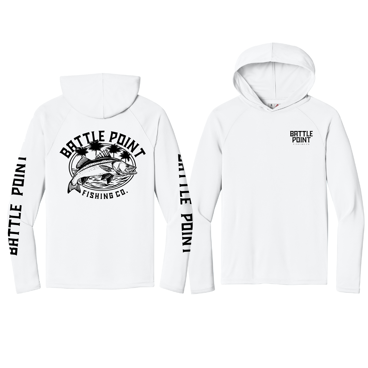 The Palms performance fishing hoodie with UPF sun protection and moisture-wicking fabric with snook logo