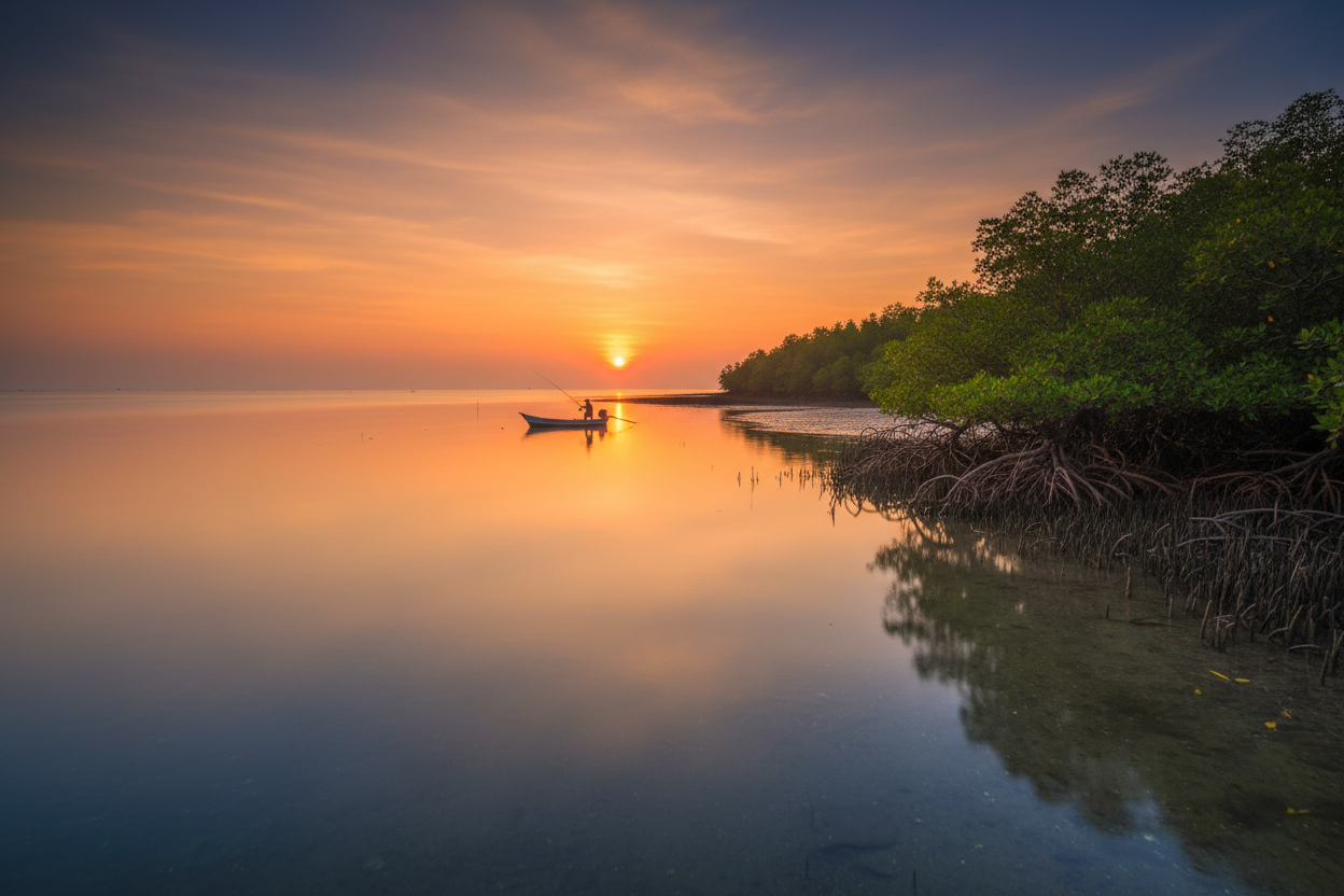 Coastal fishing scene with angler in distance