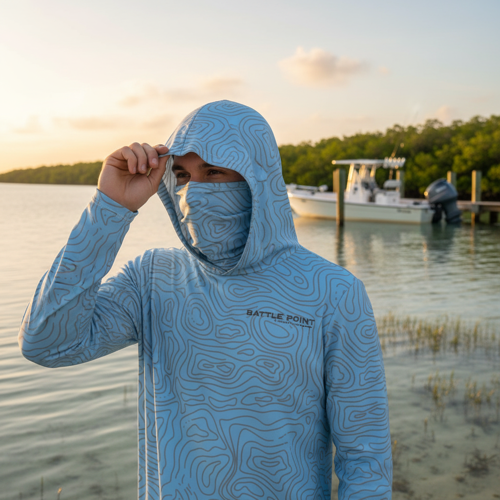Person wearing blue topographic hoodie and neck gaiter with Florida fishing background