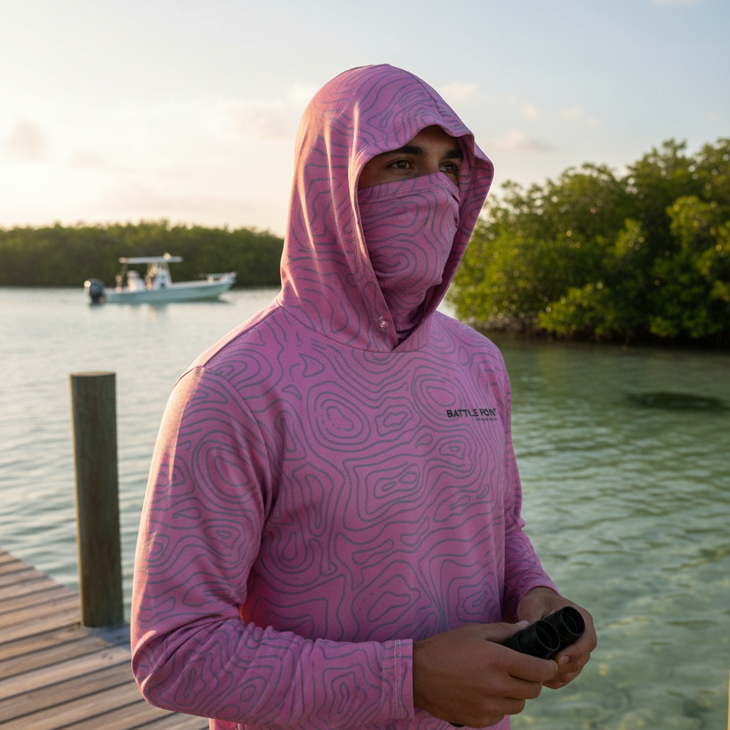 Person wearing pink hoodie and neck gaiter with Florida fishing background