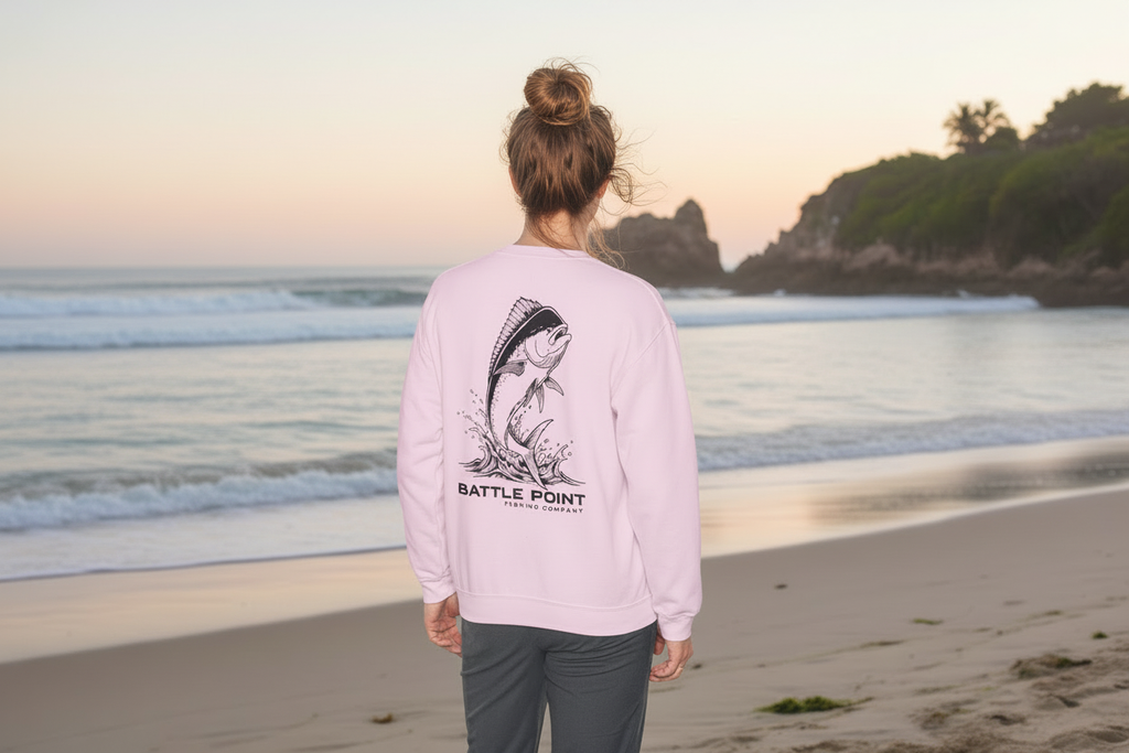 Woman wearing Battle Point mahi sweater